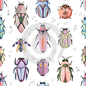 Watercolor hand painted cartoon bugs, beetles, insects seamless pattern