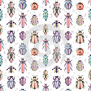 Watercolor hand painted cartoon bugs, beetles, insects seamless pattern
