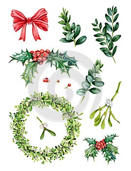 Watercolor hand painted Christmas set with evergreen tree branches, mistletoe wraeth, holly, red berries, green leaves.