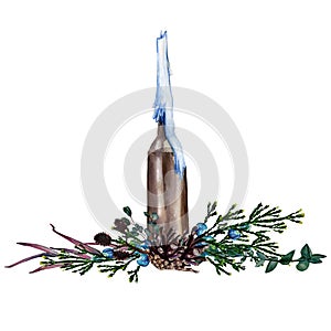 Watercolor hand painted composition with candle in brown bottle, decorated with cones and branches of juniper, alder and