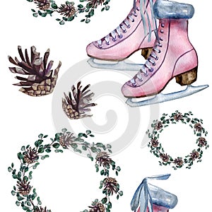 Watercolor hand painted cozy Christmas seamless pattern including pink vintage ice skates and wreath of eucalyptus branches and