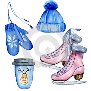 Watercolor hand painted cozy winter set including blue knitted hat and mittens, cup of coffee to go designed with funny Christmas