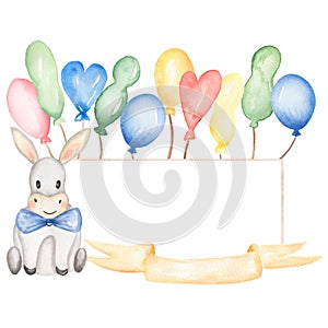 Watercolor hand painted cute donkey and balloons frame, Kids birthday wreath  illustration, baby boy shower invites