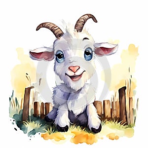 Watercolor hand painted cute goat on the farm.