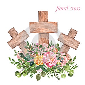 Watercolor hand painted Easter cross with pink spring flowers, isolated on white background
