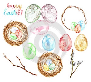 Watercolor hand painted Easter set with colored eggs, bird nest, twigs, tree branch, decorative wreath isolated.