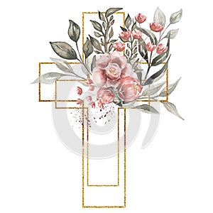 Watercolor hand painted  Floral Cross Clipart, Easter Religious greenery illustration,  Baptism Cross clip art,  Holy Spirit