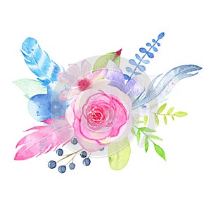 Watercolor hand painted flower wedding bouquet and leaves isolated on white background