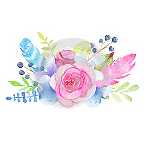 Watercolor hand painted flower wedding bouquet and leaves isolated on white background