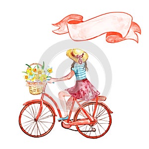 Watercolor hand painted girl on a bicycle with basket full of yellow flowers and vintage banner, isolated on white background.