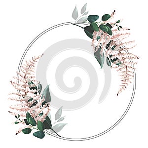 Watercolor hand painted green and pink leaves wreath. Floral arrangement on white background