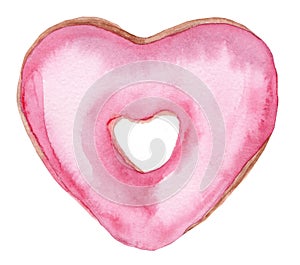 Watercolor hand painted heart shaped pink glazed donut isolated on white background