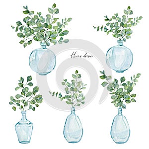 Watercolor hand painted house green plants in glass vase with branches eucalyptus set. Eco natural minimalistic illustration.