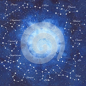 Watercolor hand painted illustration of the space with bright blue nebula, shiny stars and zodiac constellations