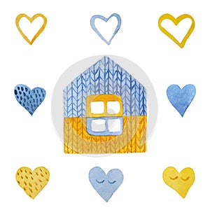 Watercolor hand painted knitting homes and hearts. Blue and yellow Ukraines support