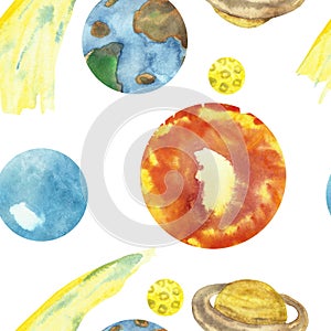 Watercolor hand painted lifeless nature seamless pattern with solar system planets Mercury, Venus, earth, Mars, Jupiter, Saturn, U
