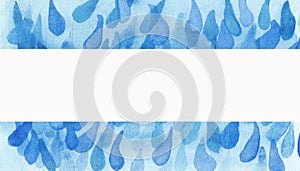 Watercolor hand painted nature aqua texture banner frame with blue sea river water drops background