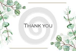 Watercolor hand painted nature border frame with green eucalyptus leaves on branch composition with thank you text on the white ba