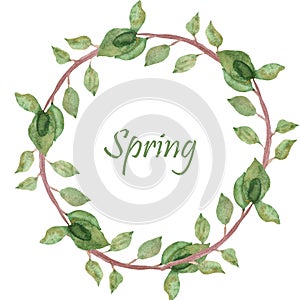 Watercolor hand painted nature circle frame with green gentle leaves on brown branches wreath on the white background