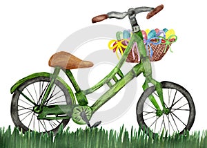 Watercolor hand painted nature easter holiday picnic composition with green bike and wicker basket with multicolored eggs and bow