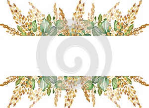 Watercolor hand painted nature fields banner frame with green eucalyptus leaves and yellow ear cereals bouquet