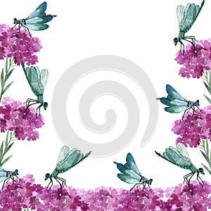 Watercolor hand painted nature flora fauna frame with pink belladonna flowers and green branches, blue dragonfly insects