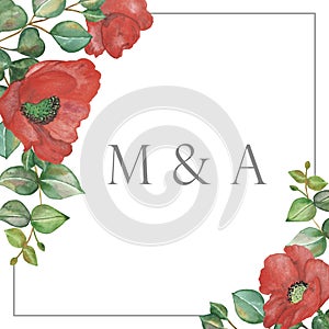 Watercolor hand painted nature floral frame with red poppy flowers and green eucalyptus leaves on branch bouquet on the white back