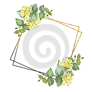 Watercolor hand painted nature floral frame with yellow lime blossom flowers and green eucalyptus branches bouquet and golden bord