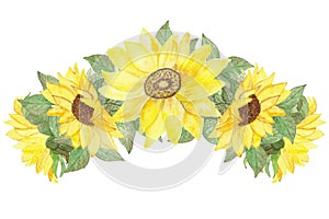 Watercolor hand painted nature floral garden wreath composition with yellow blossom sunflowers and green leaves bouquet