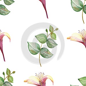 Watercolor hand painted nature floral greenery seamless pattern with pink blossom honeysuckle flowers and green eucalyptus leaves