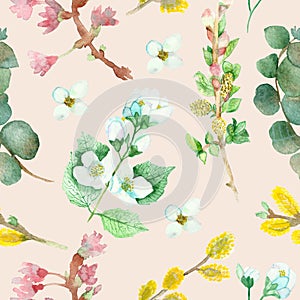 Watercolor hand painted nature floral seamless pattern with green eucalyptus, yellow willow branches, white jasmine flowers and pi