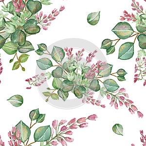 Watercolor hand painted nature floral seamless pattern with pink blossom heather flowers and green eucalyptus leaves on branch bou