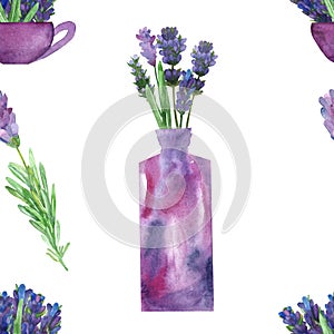 Watercolor hand painted nature floral seamless pattern with purple lavender flowers bouquet in the vase and cup, green leaves and