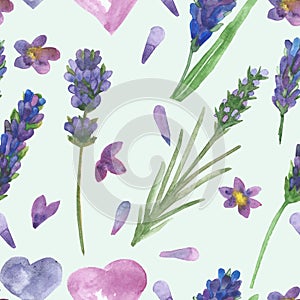 Watercolor hand painted nature floral seamless pattern with purple lavender flowers, green leaves and branches, pink petals and he