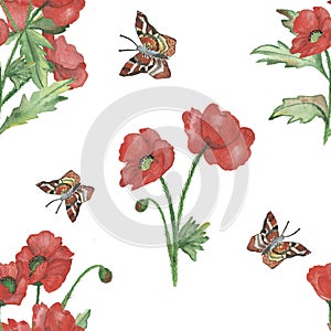 Watercolor hand painted nature floral seamless pattern with red poppy flowers on green stem with leaves and ornamental brown butte