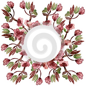 Watercolor hand painted nature floral squared composition with pink apple blossom flowers, green leaves and white background circl