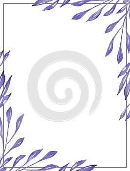 Watercolor hand painted nature floral squared frame with purple leaves on branch bouquet composition in corner on the white backgr