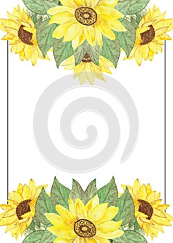 Watercolor hand painted nature floral squared frame with yellow sunflowers and green leaves bouquet with black border line