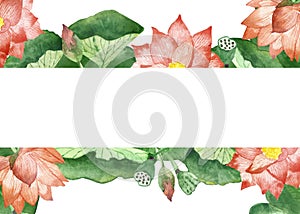 Watercolor hand painted nature floral water plants banner with pink lotus blossom flowers, bud and green leaves