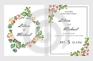 Watercolor hand painted nature floral wedding two frames set with green eucalyptus leaves and pink blossom plumeria flowers names