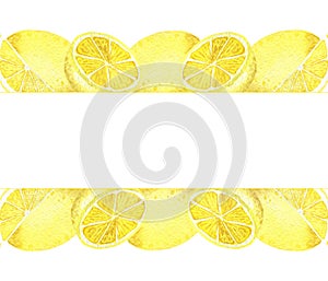 Watercolor hand painted nature fresh citrus border banner with yellow lemon fruit slice composition
