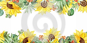 Watercolor hand painted nature garden plants banner frame with yellow sunflowers, orange sea buckthorn berries and green eucalyptu photo