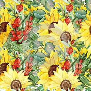 Watercolor hand painted nature garden plants seamless pattern background with yellow sunflowers, orange sea buckthorn berries and