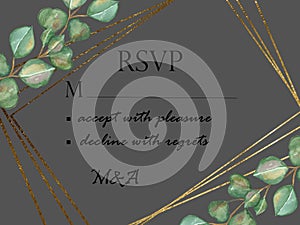 Watercolor hand painted nature geometric frame with green eucalyptus leaves on branch and golden border lines