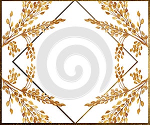 Watercolor hand painted nature grain fields rhomb frame with yellow cereal branches and golden border lines composition