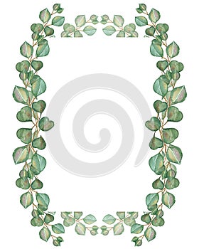 Watercolor hand painted nature greenert border frame with green eucalyptus leaves on branches composition wreath