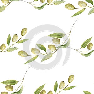 Watercolor hand painted nature greenery provence food plants seamless pattern with green olives on the branch with leaves