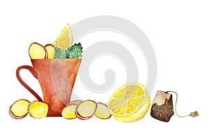 Watercolor hand painted nature healthy composition with cup of herbal tea, black tea bag, lemon citrus fruit, ginger root slices a