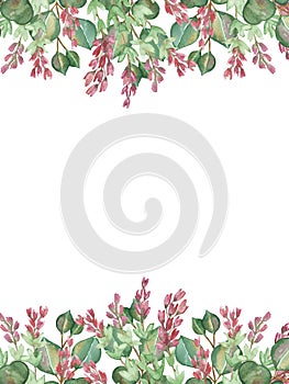 Watercolor hand painted nature herbal banner border frame with pink blossom heather flowers and green eucalyptus branches bouquet