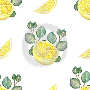 Watercolor hand painted nature herbal greenery seamless pattern with yellow citrus lemon fruit slice and green eucalyptus leaves o